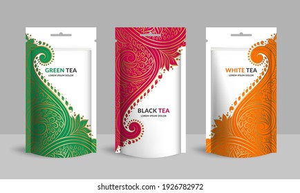 Set Of Tea Packaging Design With Zip Pouch Bag Mockup. Vector Ornament Template. Elegant, Classic Elements. Great For Food, Drink And Other Package Types. Can Be Used For Background And Wallpaper.