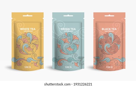 Set of tea packaging design with zip pouch bag mockup. Vector ornament template. Elegant, classic elements. Great for food, drink and other package types. Can be used for background and wallpaper.