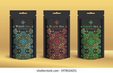 Set of tea packaging design with zip pouch bag mockup. Vector ornament template. Elegant, classic elements. Great for food, drink and other package types. Can be used for background and wallpaper.