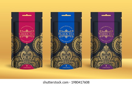 Set of tea packaging design with zip pouch bag mockup. Vector ornament template. Elegant, classic elements. Great for food, drink and other package types. Can be used for background and wallpaper.