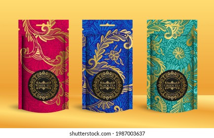 Set of tea packaging design with zip pouch bag mockup. Vector ornament template. Elegant, classic elements. Great for food, drink and other package types. Can be used for background and wallpaper.