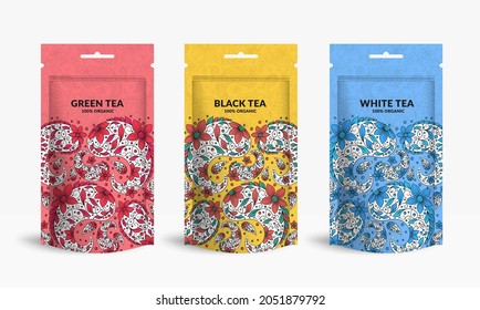 Set Of Tea Packaging Design With Zip Pouch Bag Mockup. Vector Ornament Template. Elegant, Classic Elements. Great For Food, Drink And Other Package Types. Can Be Used For Background And Wallpaper.