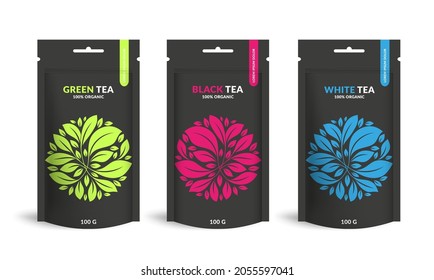 Set of tea packaging design with zip pouch bag mockup. Vector ornament template. Elegant, classic elements. Great for food, drink and other package types. Can be used for background and wallpaper.