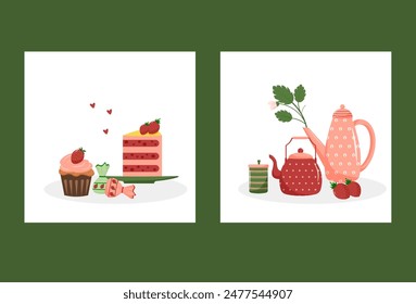 Set of tea party illustrations. Fresh strawberries, tea, teapots and cups. Nice dishes. Vector illustration