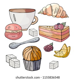 Set for a tea party on a white background. Sweets for tea