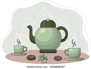 A set for a tea party.  Still life with tea accessories. Vector illustration isolated on a white background.