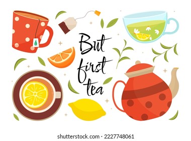 Set of tea. Poster or banner for website. Hot drinks, morning ritual, traditional breakfast. Slices of lemon and orange, citrus. Cartoon flat vector illustrations isolated on white background