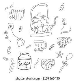 Set of tea pot, tea cup, spoon drawings with line art. Hand drawn doodle style.