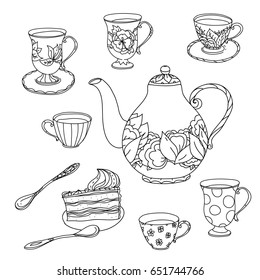 Set of tea pot and doodle with cups. Hand drawn vector illustration. Sketch for adult relax coloring anti stress book. Zen art collection boho style.
