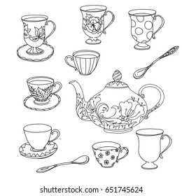 Set of tea pot and doodle with cups. Hand drawn vector illustration. Sketch for adult relax coloring anti stress book. Zen art collection boho style.