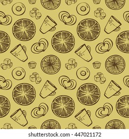 Set of tea. Seamless texture with cups, lemons, hearts, sugar and cakes. Good for design of textile, cards, decorative paper, gift paper, albums, books, decorative items.