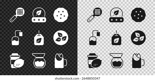 Definir filtro de chá com alça, folha, biscoito ou biscoito, Xícara de limão de chá, Bule, rosa, saco e ícone. Vetor