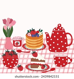  set of tea and strawberry with cakes hand draw clipart element vector for decorate invitation greeting birthday party celebration wedding card poster banner textile wallpaper paper wrap background