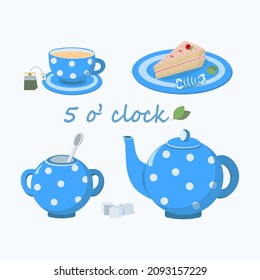 A set of Tea, sweets and tea-drinking utensils. Ceramic teapot, sugar bowl and blue cup and saucer. Vector illustration with isolated background