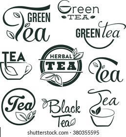 Set of Tea Symbols and Typographic Vector Designs for Tea Package