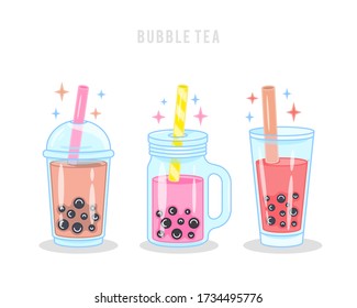 Set of tea with tapioca. Bubble tea in different glasses. Bright illustrations of cocktails.