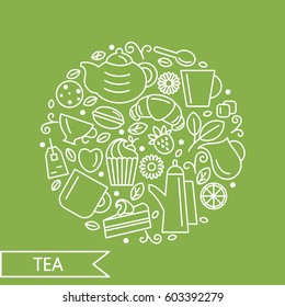 Set of tea theme. Line art draw icons in the circle.Vector illustration