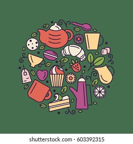 Set of tea theme. Line art draw icons in the circle.Vector illustration