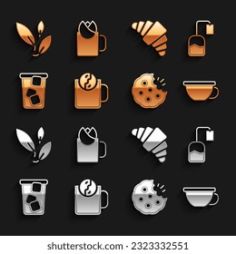 Set Tea time, bag, Cup of tea, Cookie or biscuit, Ice, Croissant, leaf and with rose icon. Vector