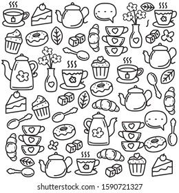 Set of tea time doodle vector illustration with cute design. Tea time doodle background 