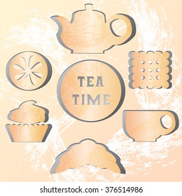 Set of tea time. Effect of the shadow. Paper figures