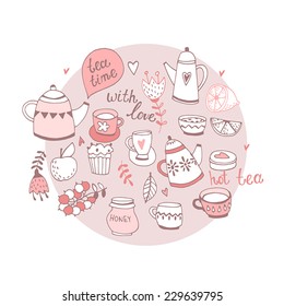 Set of the tea time elements.Tea and Cake background.