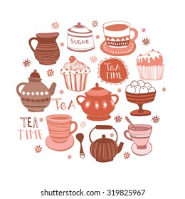 Set of the tea time elements.Tea and Cake background.
