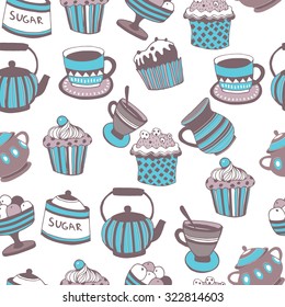 Set of the tea time elements.Tea and Cake background. 