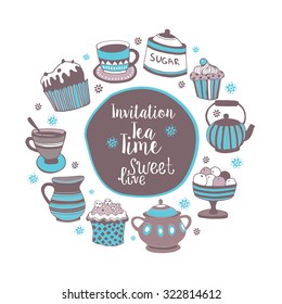 Set of the tea time elements.Tea and Cake background. 