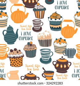 Set of the tea time elements.Tea and Cake background.  I love Tea. Seamless pattern.