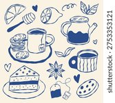 Set of tea time elements in hand drawn style,