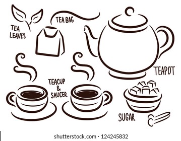 set of tea time icon in doodle style