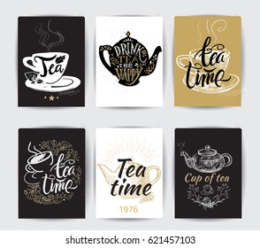 Set of tea time silhouettes with quotes.  set banner. Tea time.  posters and prints. Vintage vector illustration.