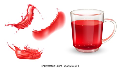 Set of tea transparent cup with red hibiscus tea and red liquid splashes. Vector realistic design elements.