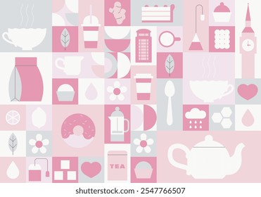 Set of Tea Vector Illustration. Cup of Tea, Teabag, Green Tea, teapot, tea bag. Preparation. Hot drink background. Brewing. Vector set