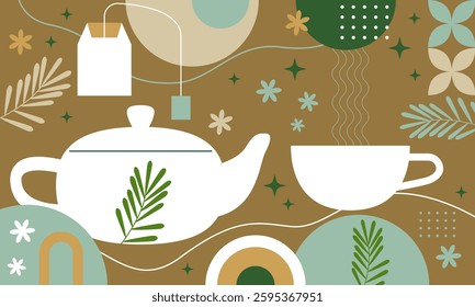 Set of Tea Vector Illustration. Cup of Tea, Teabag, Green Tea, teapot, tea bag. Preparation. Hot drink background. Brewing. Vector set