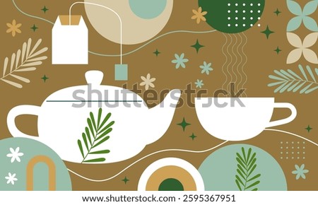 Set of Tea Vector Illustration. Cup of Tea, Teabag, Green Tea, teapot, tea bag. Preparation. Hot drink background. Brewing. Vector set