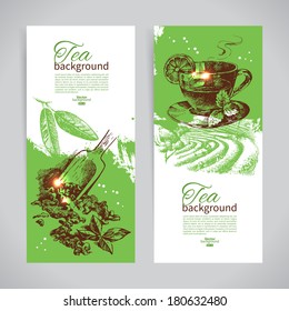 Set of tea vintage banners. Hand drawn sketch illustrations. Menu design backgrounds