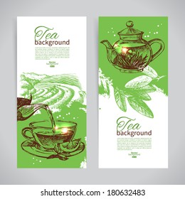 Set of tea vintage banners. Hand drawn sketch illustrations. Menu design backgrounds	