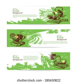 Set of tea vintage banners. Hand drawn sketch illustrations. Menu design backgrounds