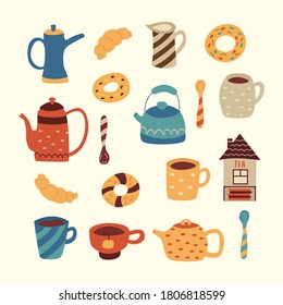 Set de té. Teteras y tazas, donuts y croissants. Cebollas, una jarra para la crema o la leche, un almacén de bolsos de té. Dibujo aislado del vector de dibujos animados coloridos. Color boho