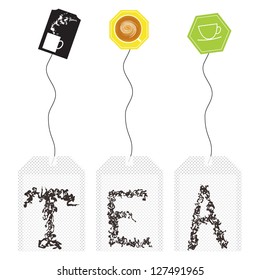 Set of teabag with tea leaf stylized as T E A letters.