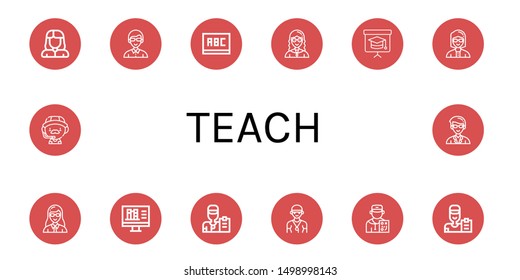 Set of teach icons such as Teacher, Blackboard, Online library, Coach , teach