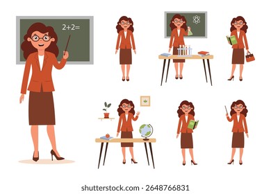 Conjunto de personagens de professores envolvendo os alunos em aulas demonstrando diferentes atividades na sala de aula. Definir para animação. Ilustração vetorial em estilo plano sobre fundo branco.