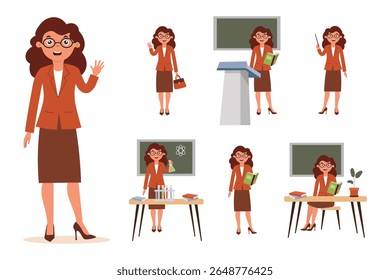 Set of teacher characters interacting with students in several classroom activities during a teaching session. Set for animation. Vector illustration in flat style on white background.