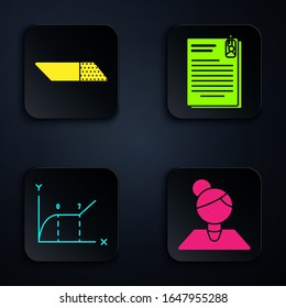 Set Teacher, Eraser or rubber, Pie chart infographic and File document and paper clip. Black square button. Vector