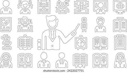 Set of teacher icons. Including instruction, pedagogy, books, mentorship, school, teaching, lesson, class, and professor. Solid vector symbol collection