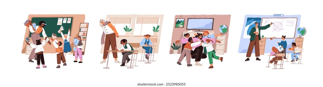 Conjunto de profesor con niños en el aula. Estudiantes de primaria estudian, aprenden durante las lecciones en clase. Mujeres jóvenes enseñando a alumnos felices. Educación escolar. Ilustraciones vectoriales planas aisladas en blanco