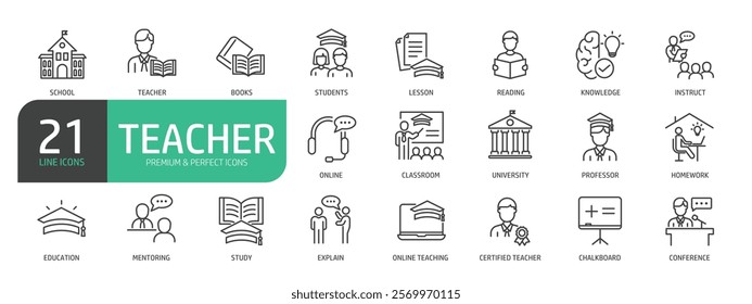 Set Of Teacher Line Icons. The set includes a School, University, Student, Book, Lesson, Classroom, Professor, Education, Study, and more.