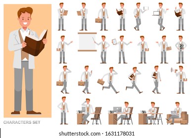 Set of Teacher man character vector design. Presentation in various action with emotions, running, standing and walking. 